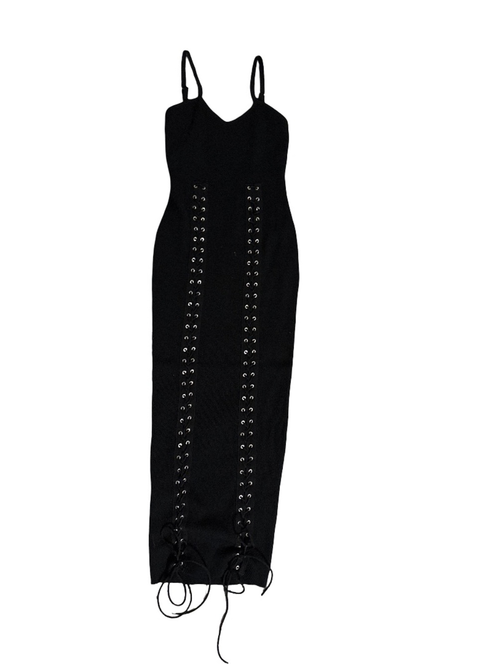 Black Lace-Up Maxi Slip Dress with Eyelet Detail